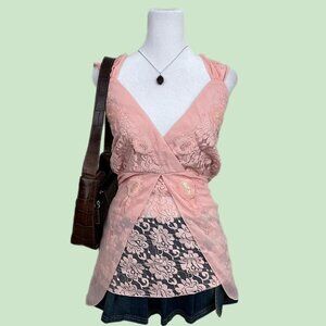 y2k pink floral lace beaded plus size girly dainty coquette split front top